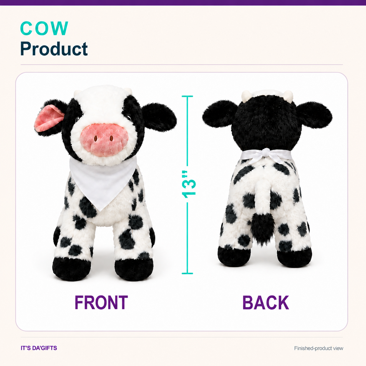 Cow plushie product front and back views with 13-inch height
