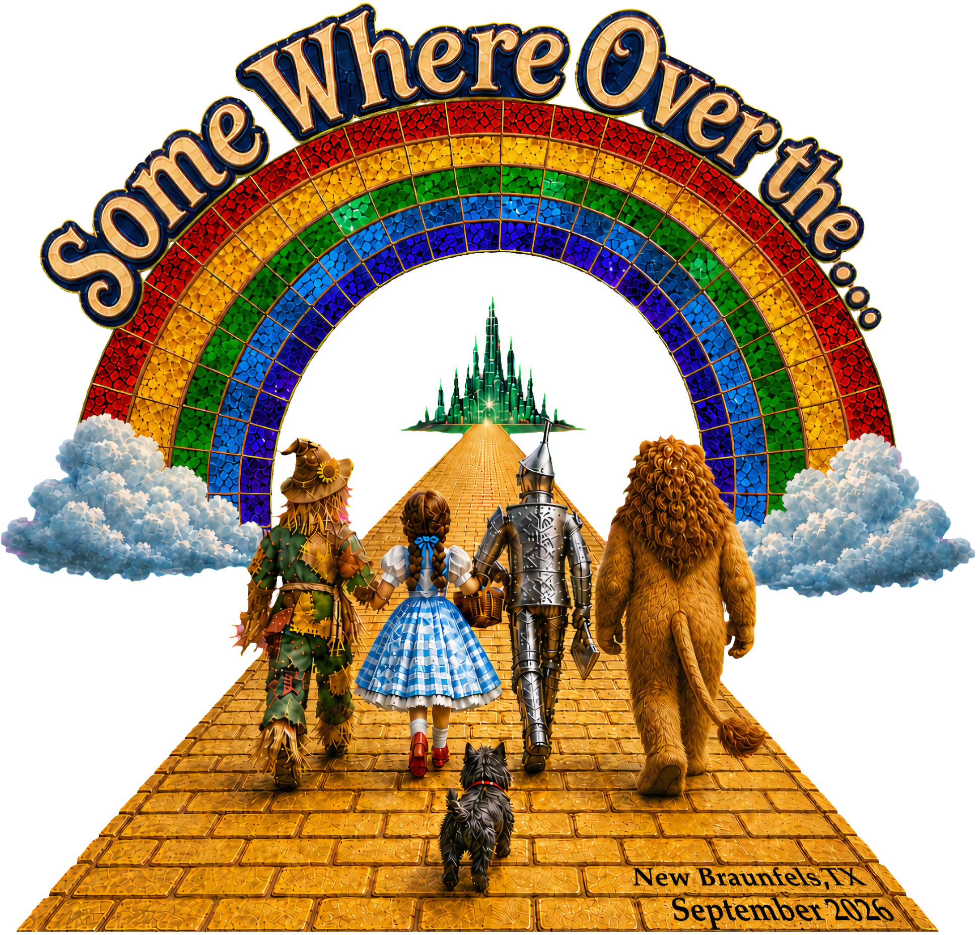 Somewhere Over the Rainbow DTF decal artwork with New Braunfels, TX and September 2026